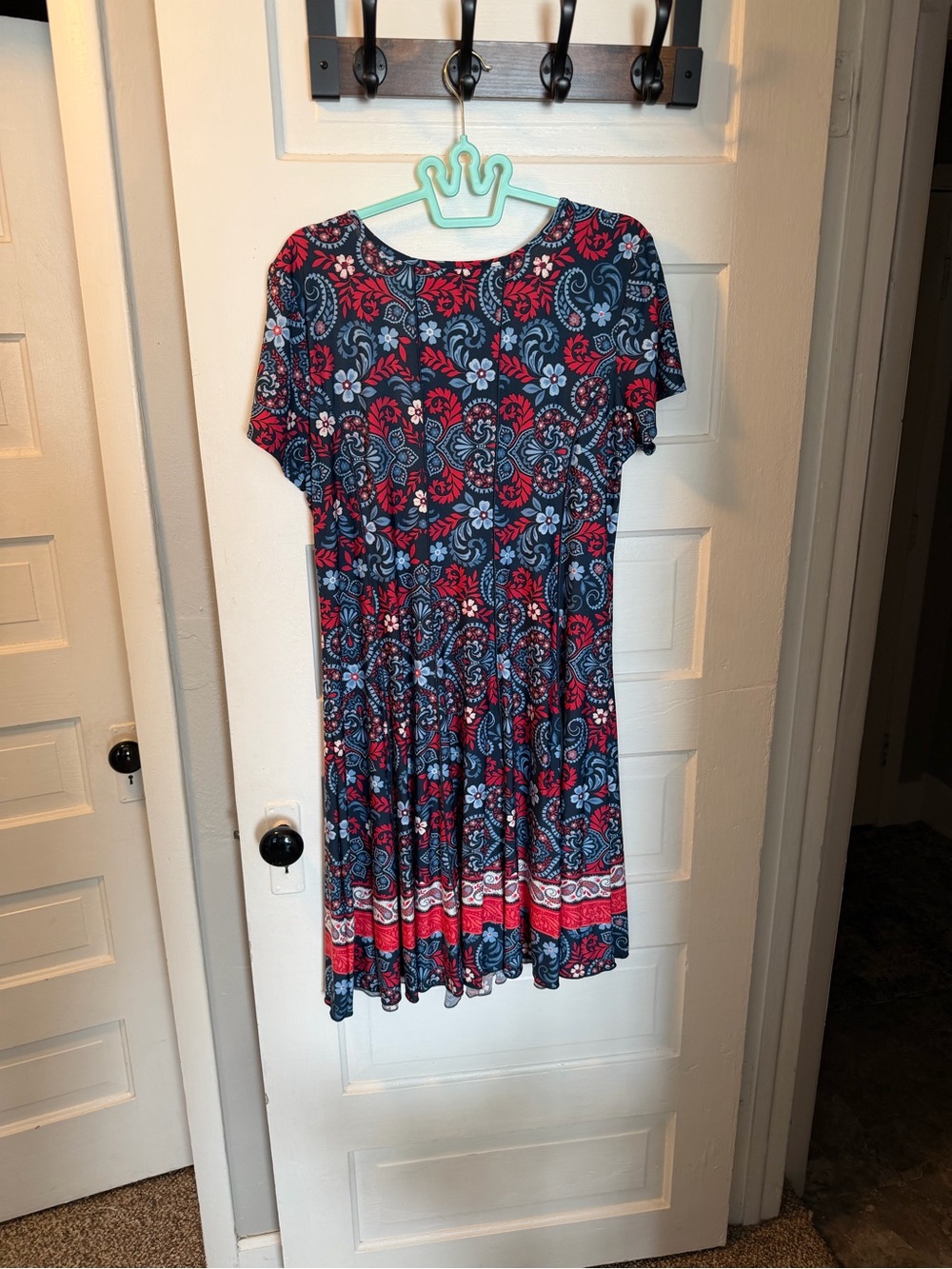 Navy Floral Fit-and-Flare Short Sleeve Dress with Red Accents